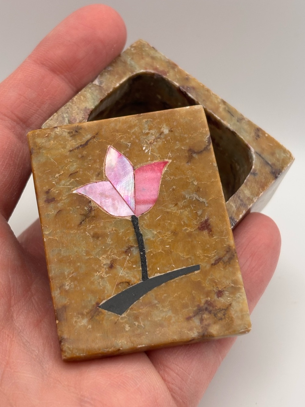 Vintage Stone or Marble Trinket Box with Pink Mother-of-Pearl Flower Accent